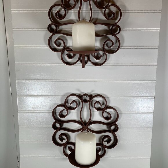 2 Decorative Metal Wall  Sconces,  2 Wall Hung Rustic candle holders - Picture 3 of 5